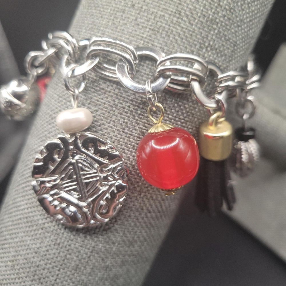 Chicos Silver Tone Multi Charm Magnetic Bracelet Red Beads Tassel Size 6.75in